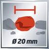 Czerwony kawałek skały między szarymi kamieniami, z przedstawioną skalą. Tekst: 'Ø 20 mm'.