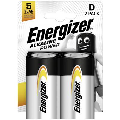 Dwie baterie D marki Energizer Alkaline Power w jednym opakowaniu. Tekst: 5 lat trwałości, opakowanie podwójne.