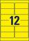 Żółta kartka etykiet z dwunastoma prostokątnymi naklejkami i numerem '12' na środku w kolorze niebieskim.