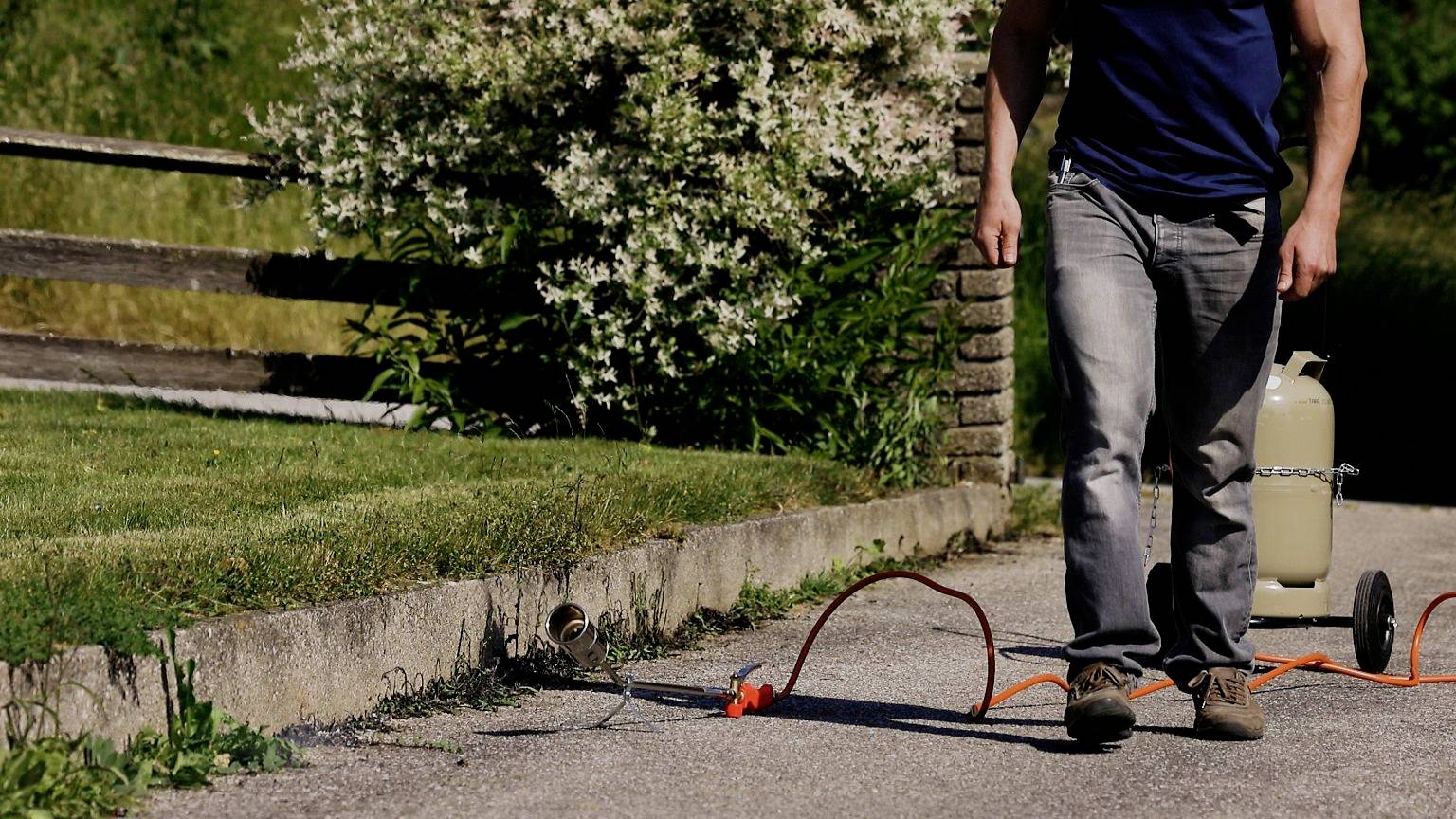 Mężczyzna w jeansach i niebieskiej koszulce spaceruje na dworze, ciągnąc za sobą wąż ogrodowy. W tle widać okolicę domu.