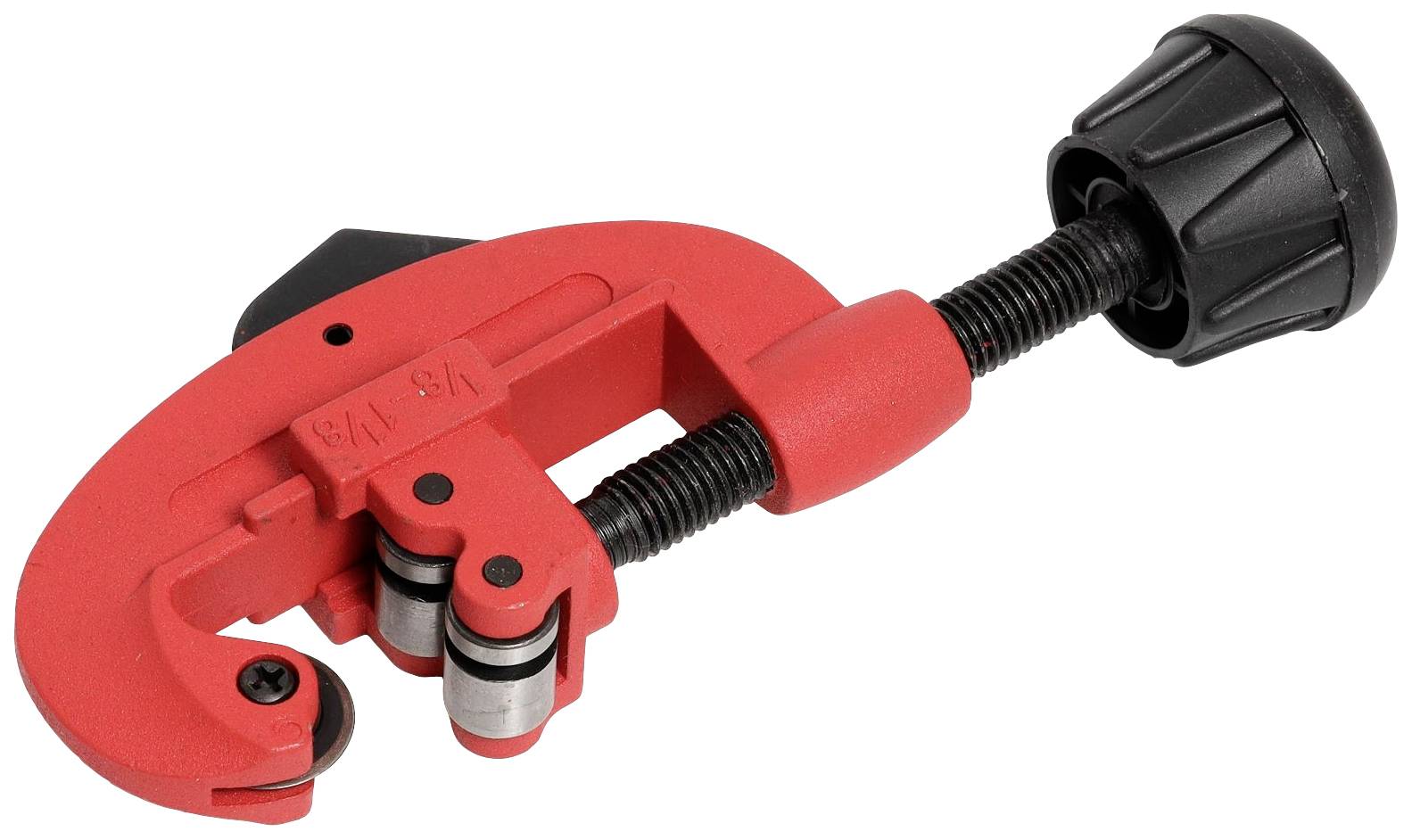 Czerwone narzędzie Rohrschneider, odpowiednie do cięcia rur metalowych. Posiada ostrze tnące i pokrętło regulacyjne dla precyzji.