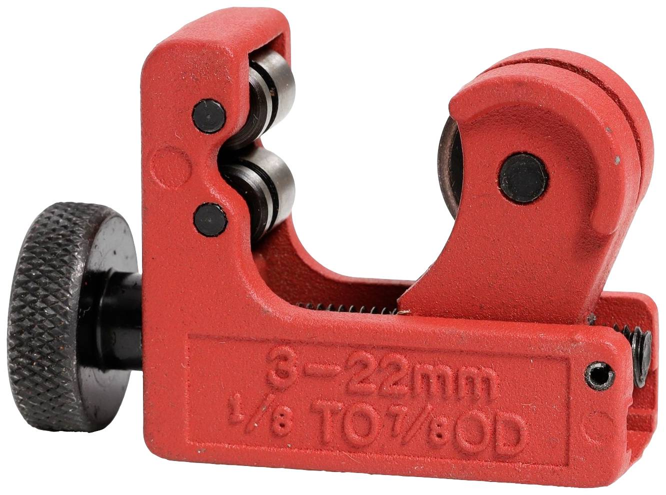 Obcinacz do rur metalowy w kolorze czerwonym ze skalą 3-22 mm, używany do precyzyjnego cięcia rur.