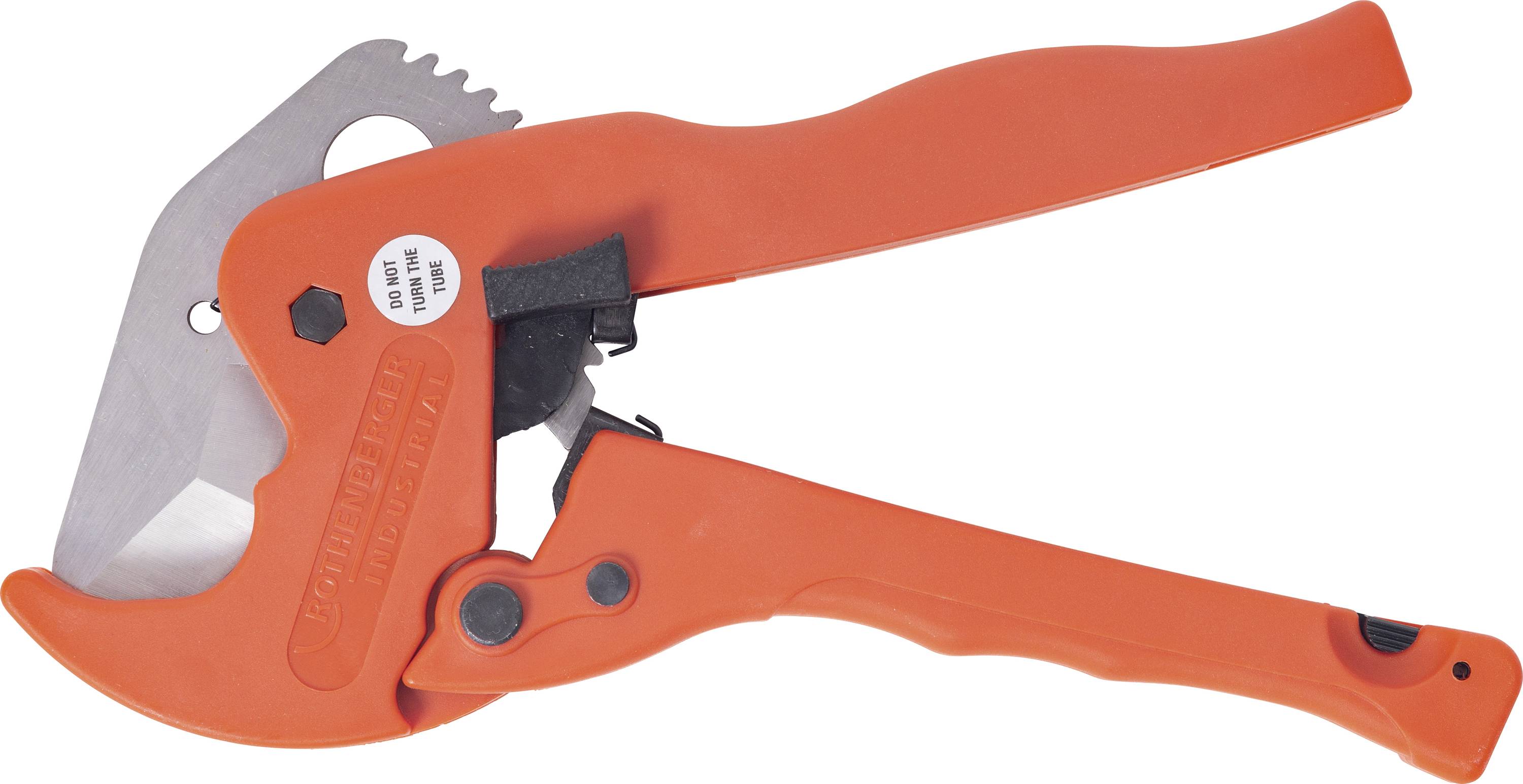 Pomarańczowe szczypce do cięcia rur z ostrym ostrzem i uchwytami, przeznaczone do prac instalacyjnych.