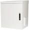 Biała, prostokątna szafa z jednym skrzydłem drzwiowym, które posiada klamkę po prawej stronie.