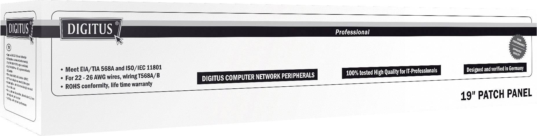 Opakowanie panelu krosowego Digitus 19". Zawiera informacje o standardach technicznych i gwarancji. Opracowany do profesjonalnego zastosowania.