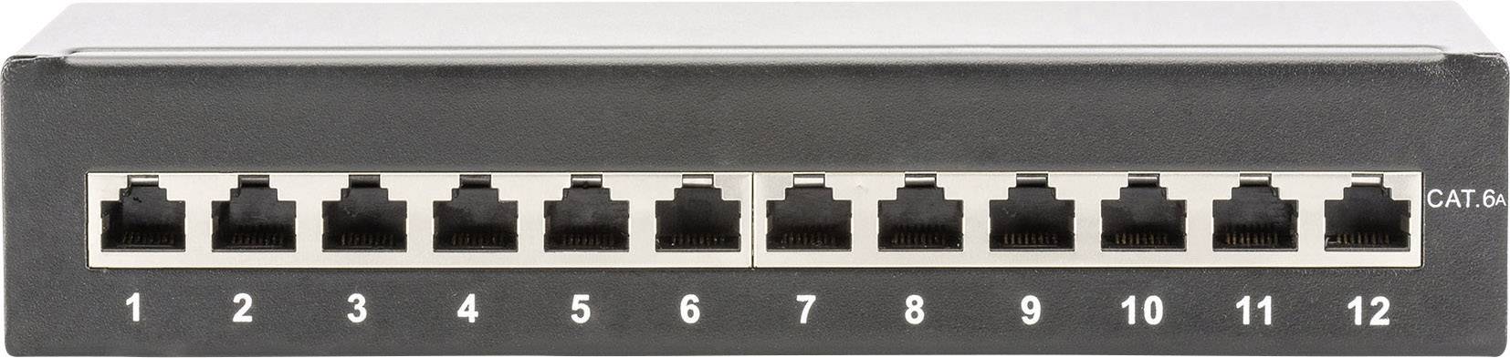 Dwunastoportowy switch Ethernet z portami oznaczonymi numerami od 1 do 12.