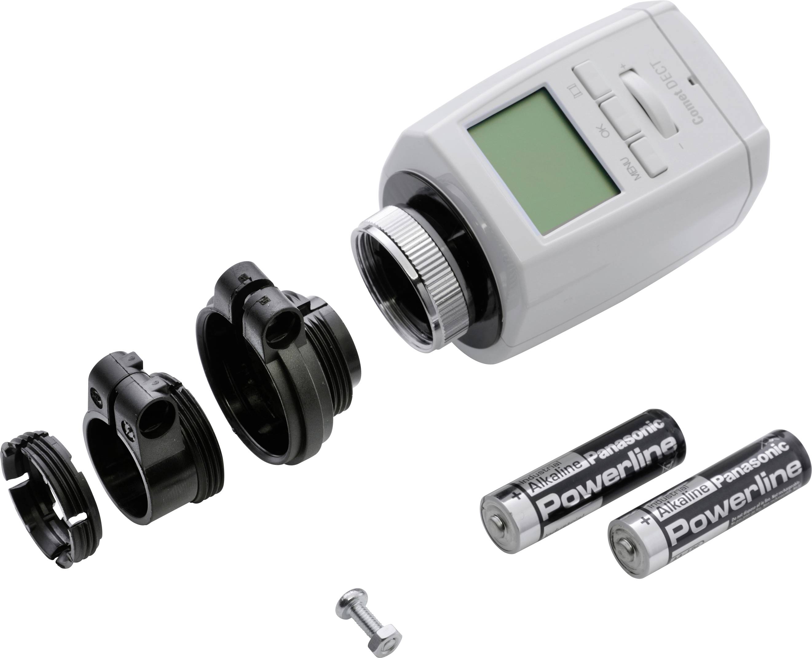 Elektroniczny termostat grzejnikowy z wymiennymi pierścieniami adaptera i dwoma bateriami. Odpowiedni do sterowania ogrzewaniem.