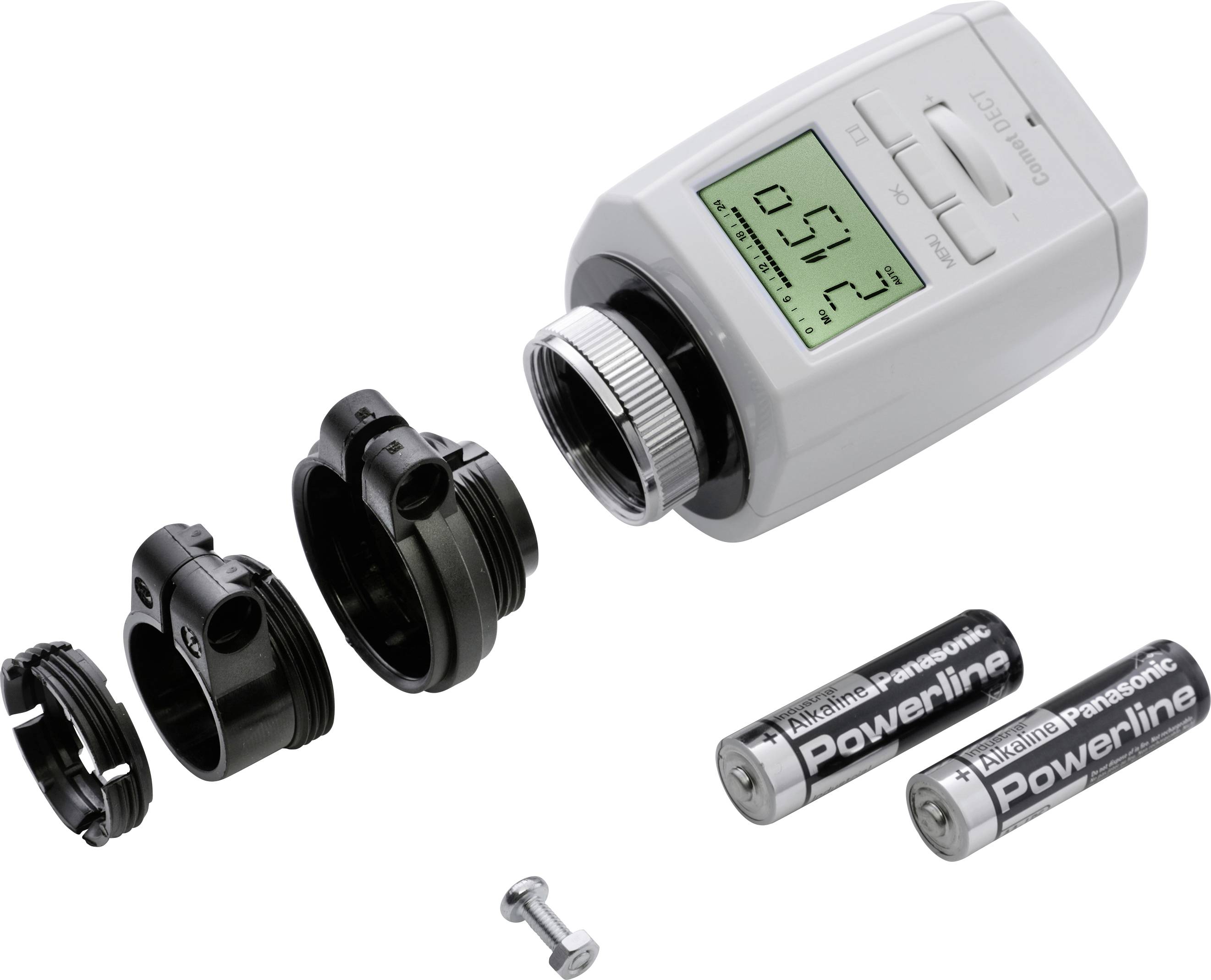 Cyfrowy termostat grzejnikowy z odkręconym złączem oraz dwiema bateriami AA obok niego.