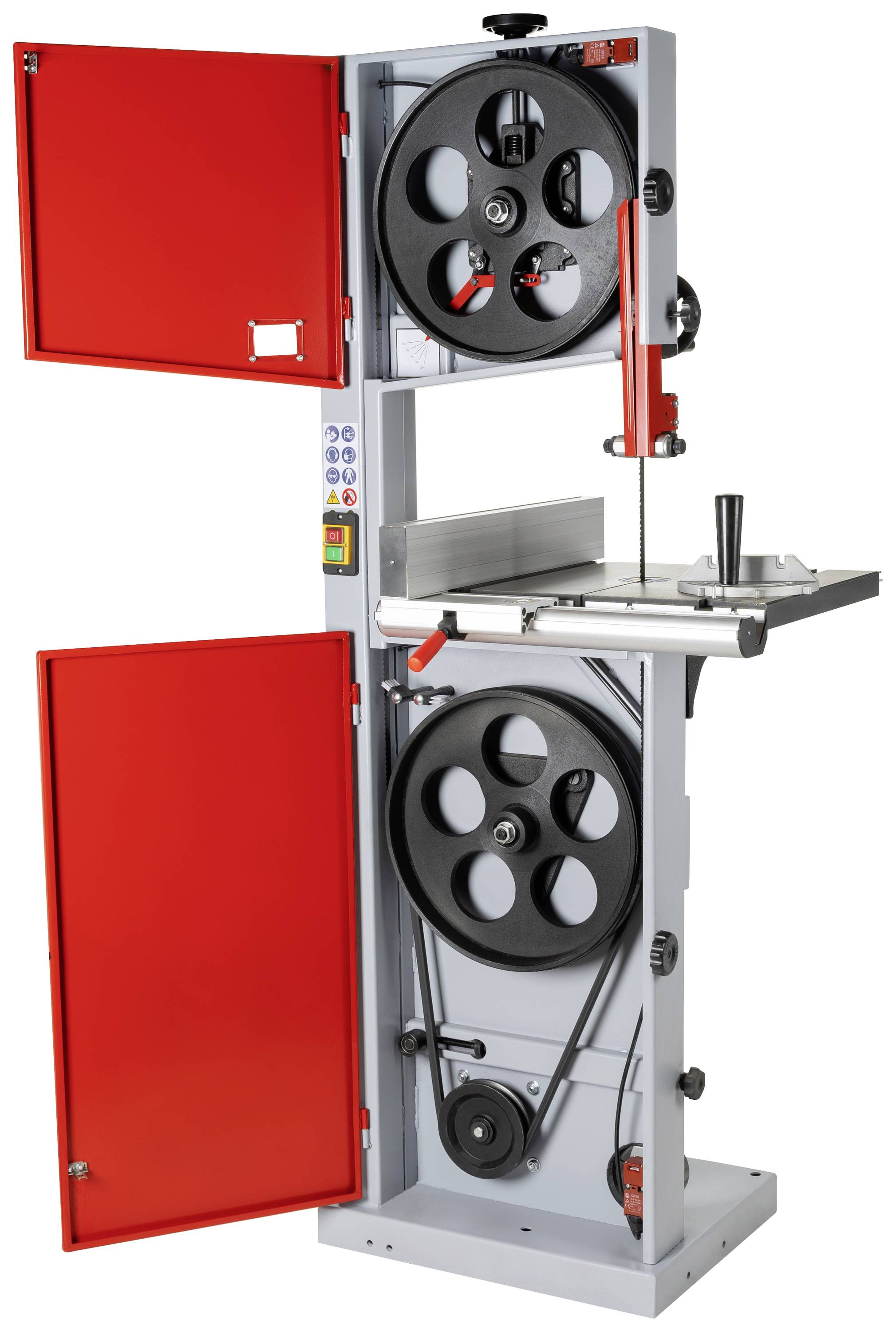 Piła metalowa w czerwonej obudowie, otwarta, ukazująca dwa duże koła i stół do cięcia. Wyposażona w elementy sterujące i przełączniki po boku.