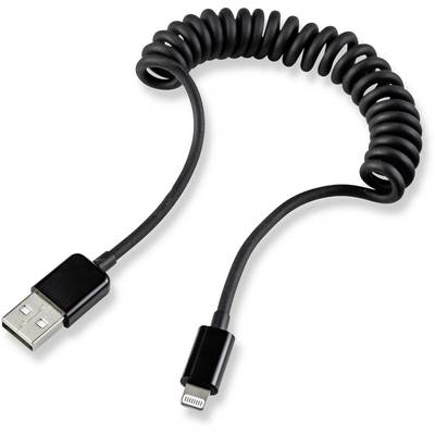 Spiralny kabel USB z czarnym złączem Lightning i wtyczką USB, prezentujący elastyczną, rozciągliwą strukturę do wszechstronnych połączeń.