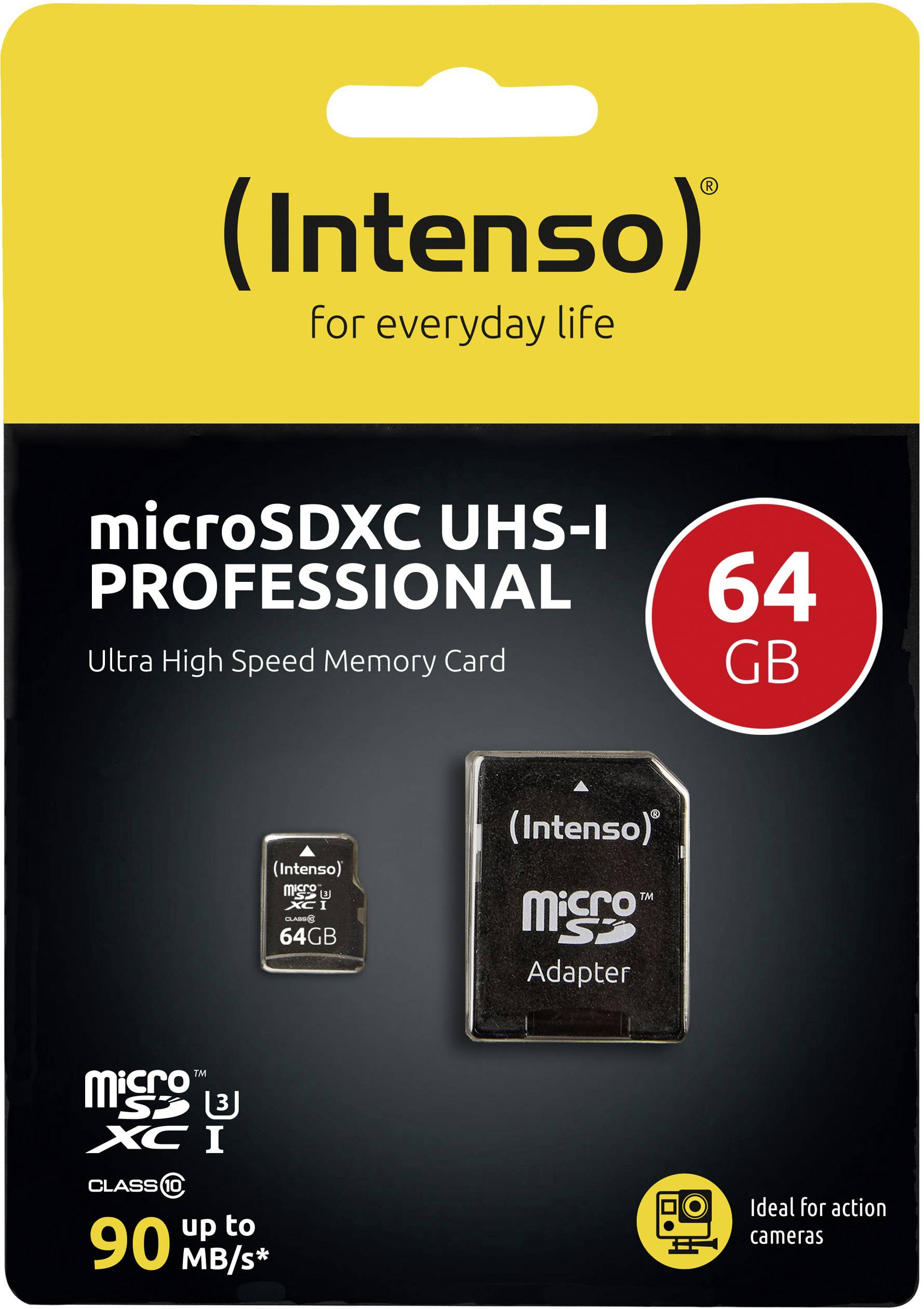 Karta pamięci Intenso microSDXC UHS-I Professional, 64 GB, przeznaczona do kamer sportowych, czarna, w zestawie adapter. Prędkość odczytu/zapisu do 90 MB/s.