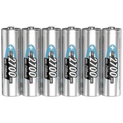 Sześć srebrnych baterii AA z niebiesko-czarnymi etykietami, na których widnieje napis '2700 mAh', ustawionych w rzędzie.