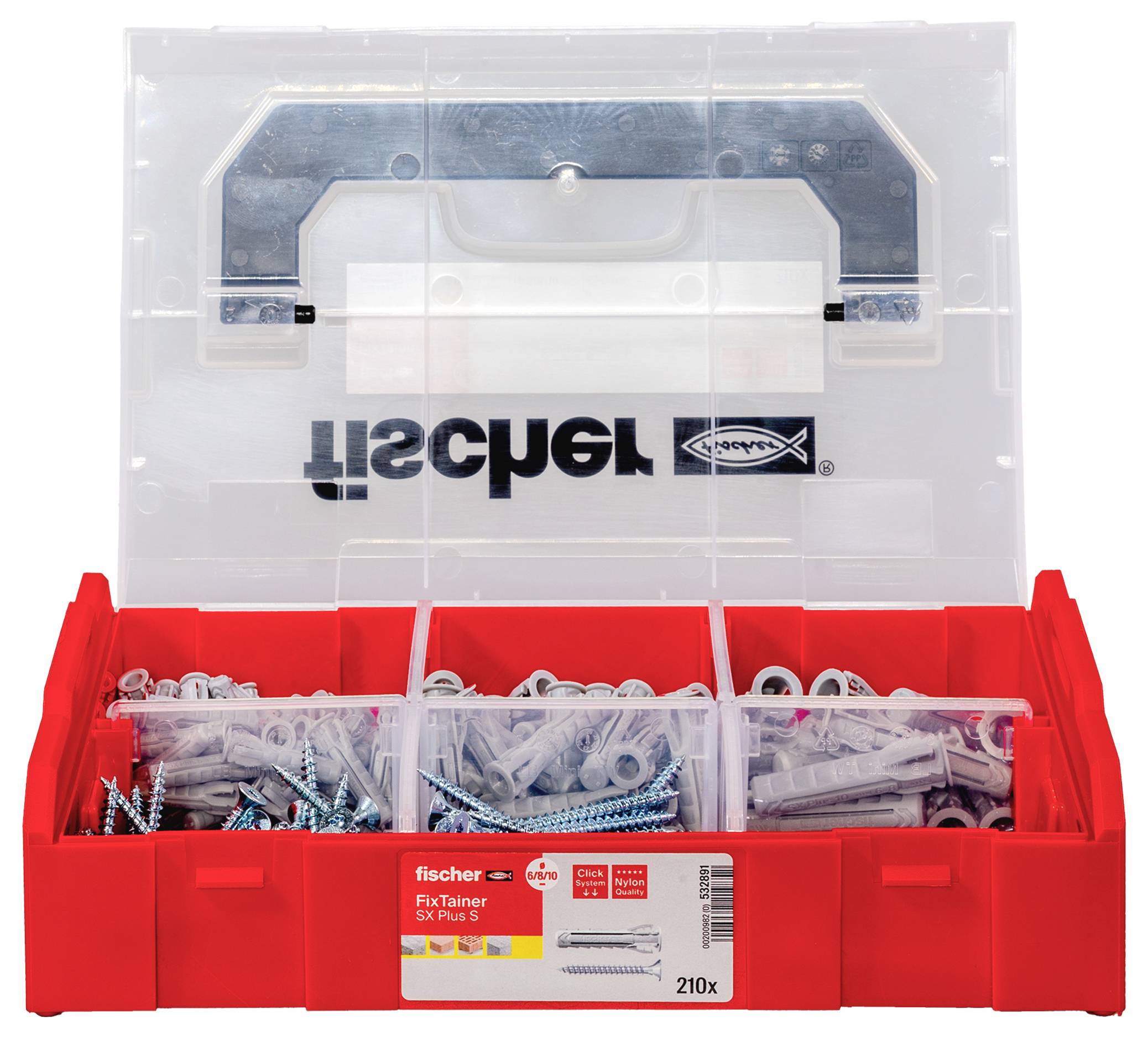Otwarte czerwone pudełko z różnymi kołkami i śrubami, posortowanymi w osobnych przegródkach. Na etykiecie widnieje marka 'fischer'.