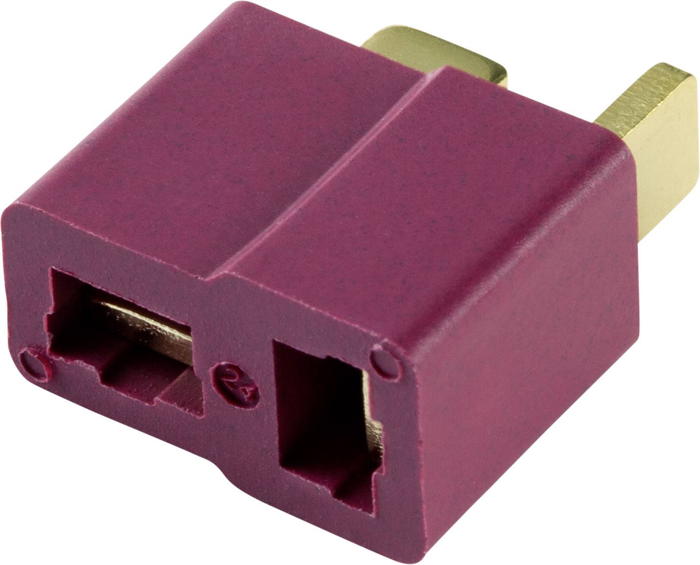 Czerwony adapter wtykowy EC3 z dwoma otworami przyłączeniowymi i złotymi stykami. Często stosowany w modelarstwie do podłączania akumulatorów.