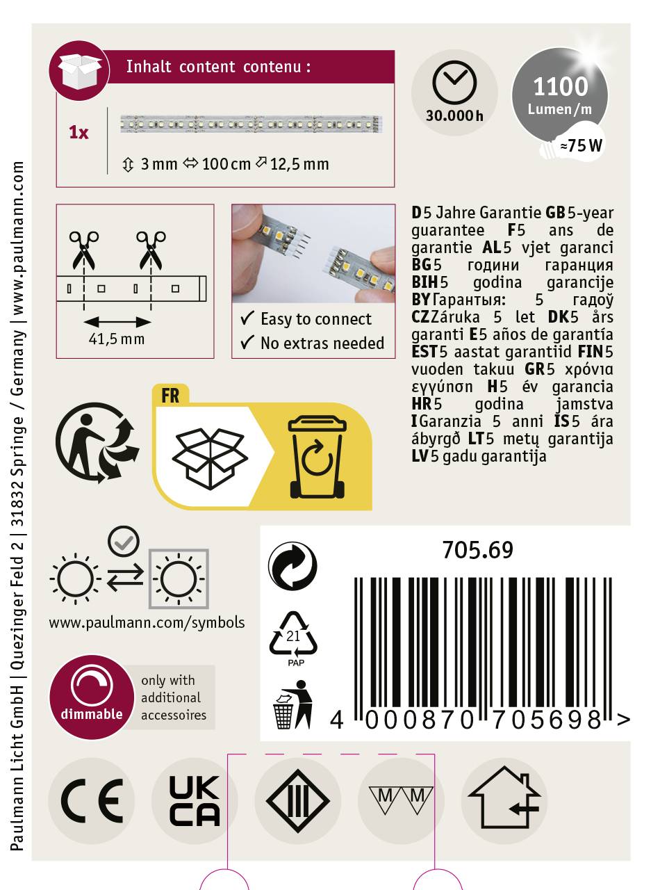 'Zestaw pasków LED: 30 000 godzin, 1100 lumenów/m, 75W. 5 lat gwarancji. W zestawie materiały montażowe, prosta instalacja, bez dodatkowych akcesoriów.'