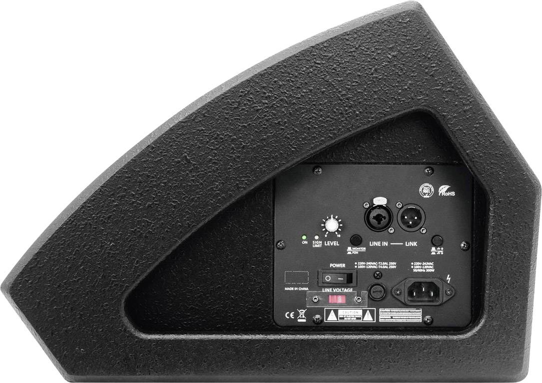 Widok z tyłu głośnika z przyłączami XLR i jack, regulatorem głośności oraz gniazdem zasilania.