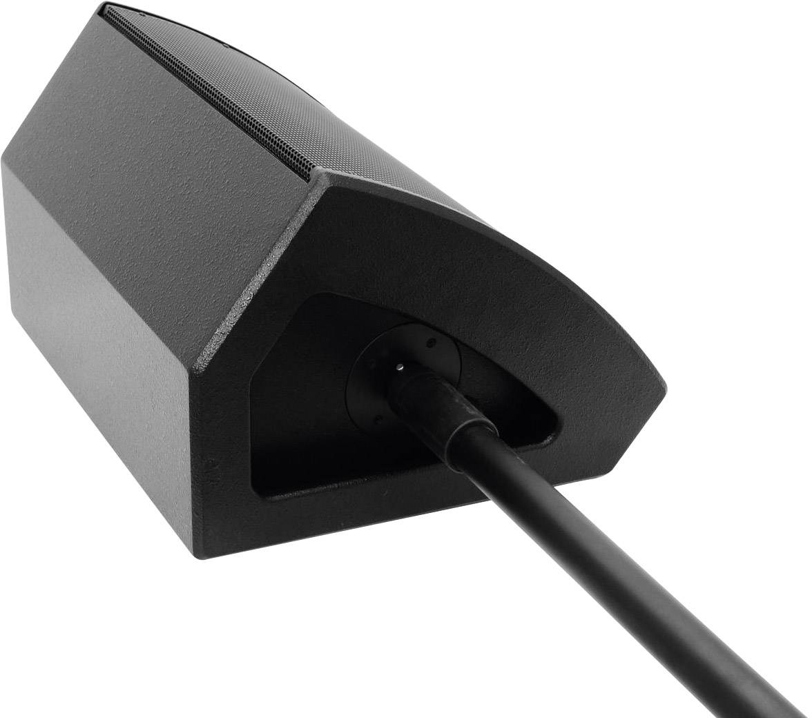 Czarny głośnik na statywie, sfotografowany pod skosnym kątem od dołu.