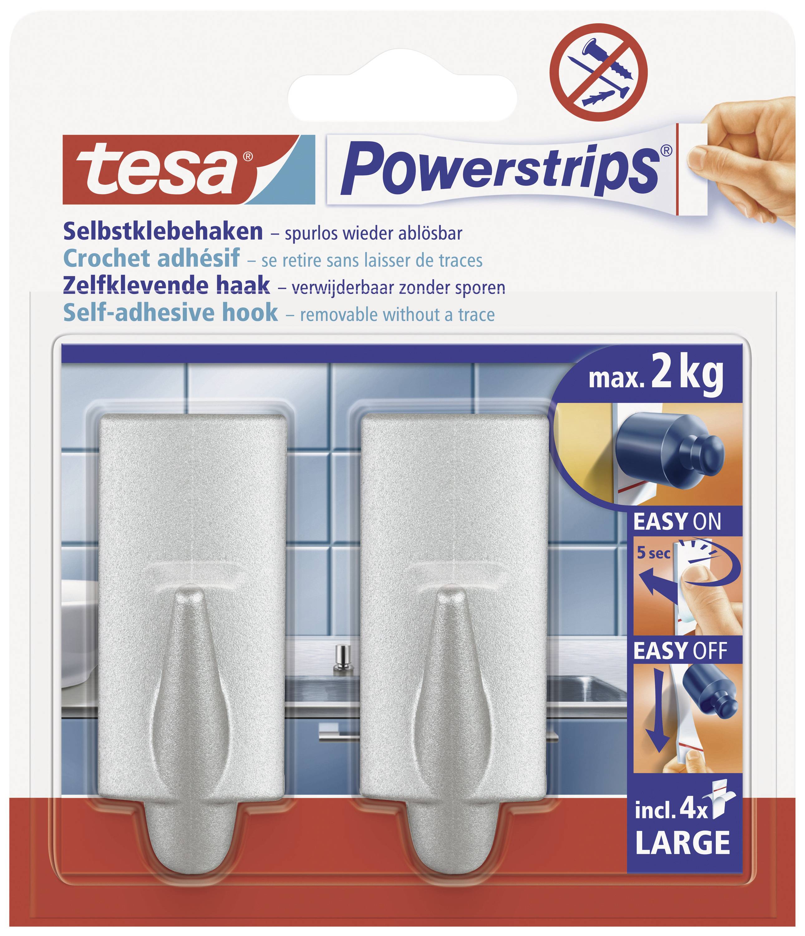 Opakowanie haczyków Tesa Powerstrips, samoprzylepnych, wytrzymałych do 2 kg, w zestawie 4 paski klejące, łatwe w użyciu.