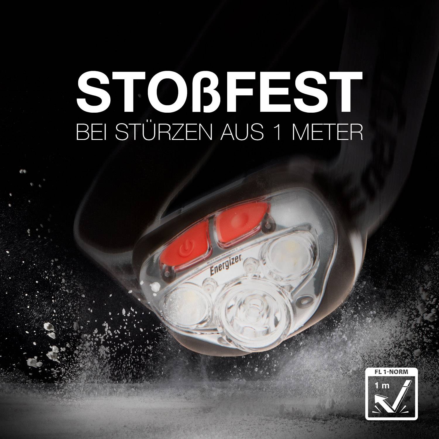 Latarka na twardej powierzchni, z napisem 'Wytrzymała przy upadkach z wysokości 1 metra' i pieczęcią Energizer, podkreślająca trwałość.