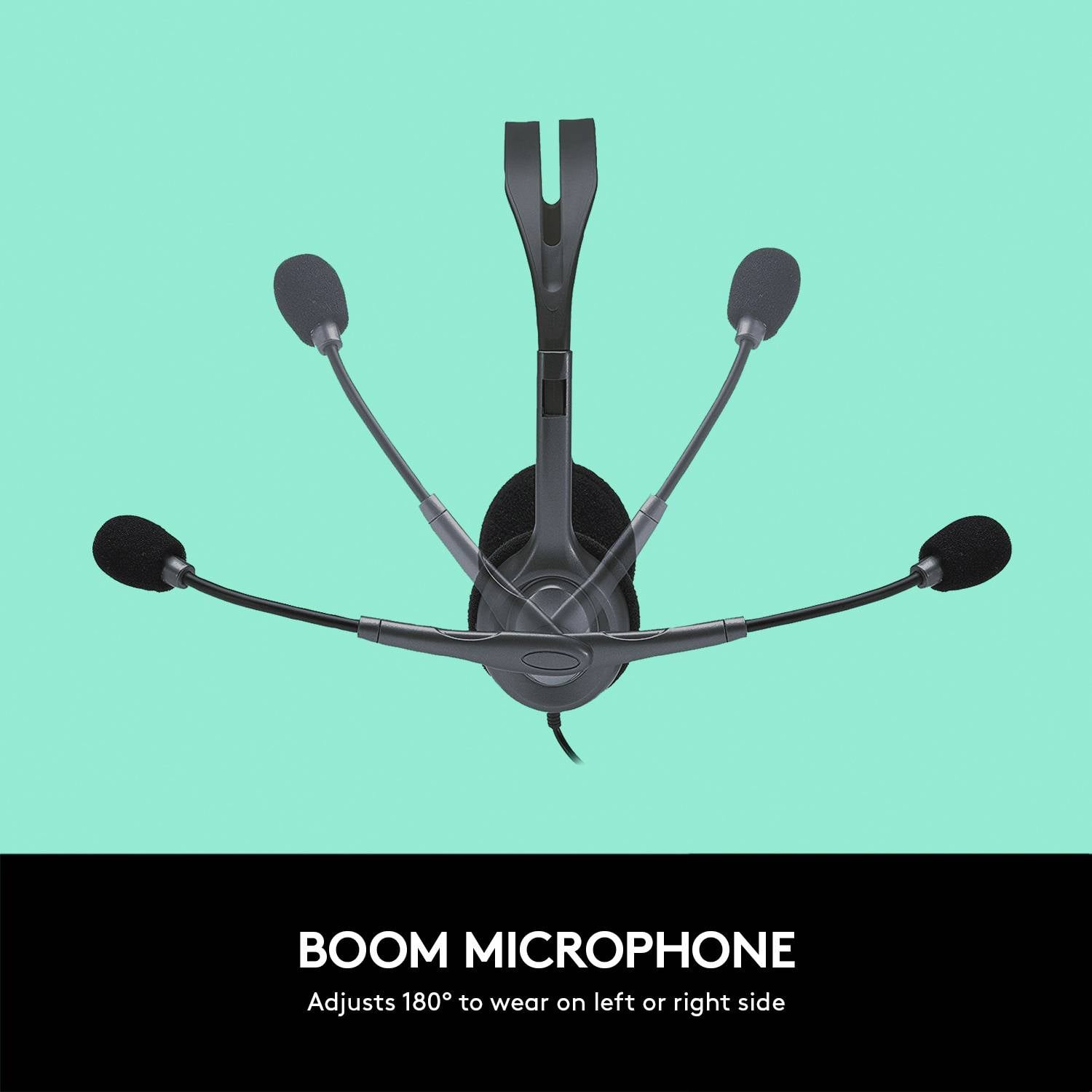 Słuchawki z czterema ramionami mikrofonów i nausznikami w kolorze czarnym. Widok z góry, neutralne tło.