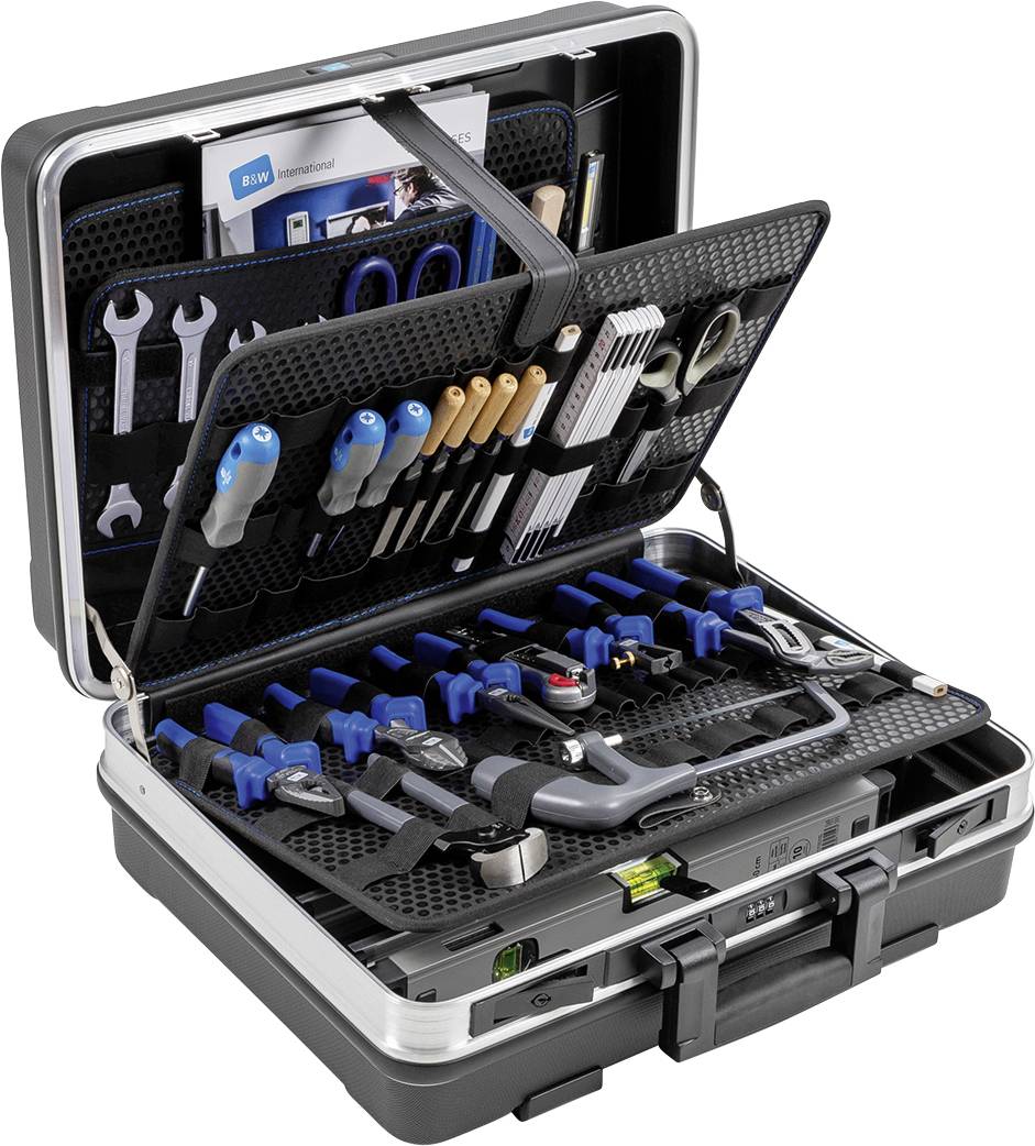 Otwarty kufer narzędziowy z różnymi narzędziami, takimi jak śrubokręty, szczypce i miarka, ułożonymi w przegródkach.