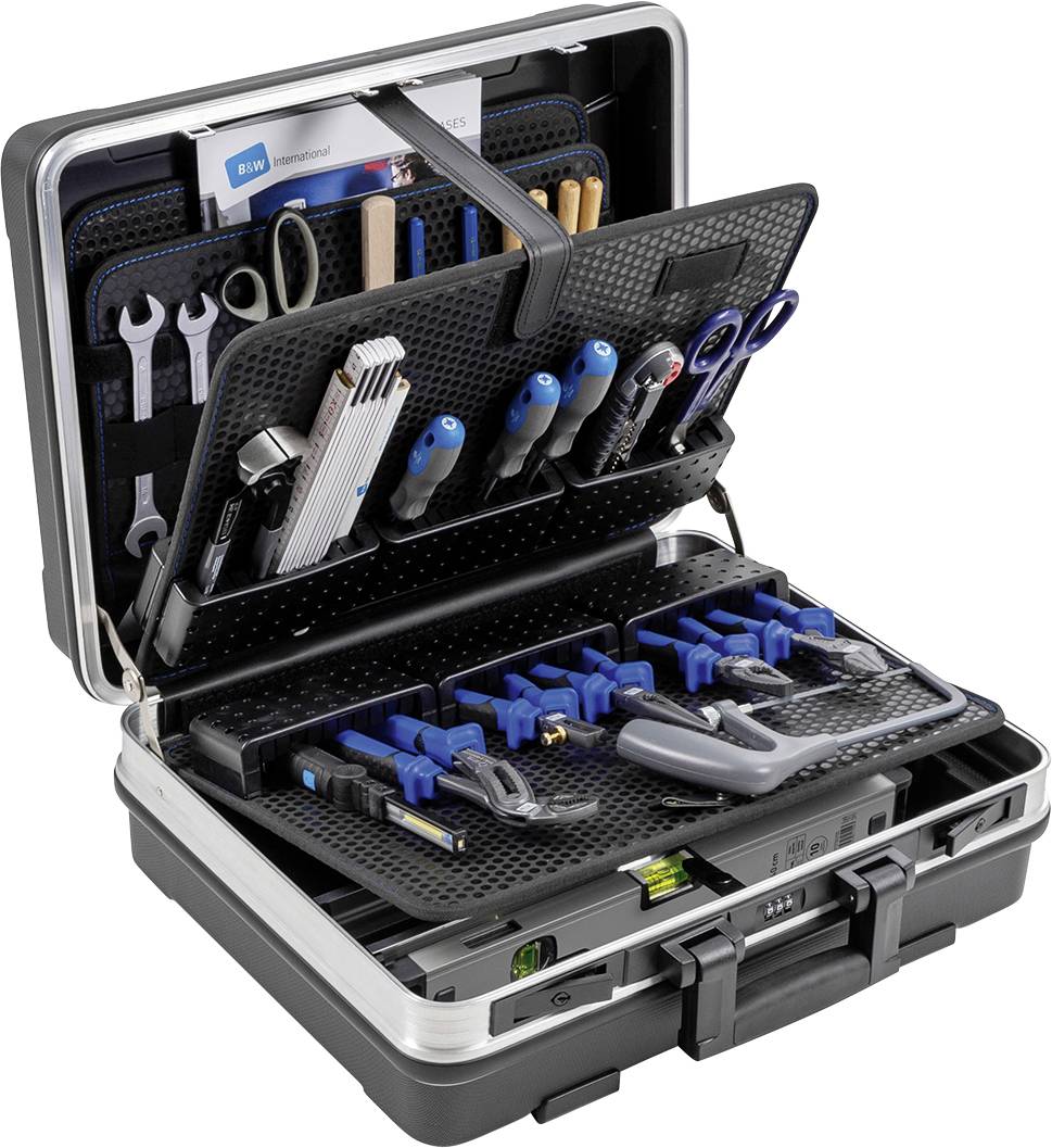 Skrzynka narzędziowa z otwartymi przegródkami, prezentująca różne narzędzia, takie jak śrubokręty, szczypce i klucze, ułożone w schludny i uporządkowany sposób.