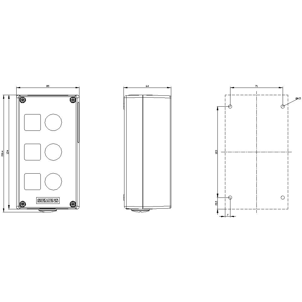Rysunek techniczny obudowy prostokątnej z otworami mocującymi. Przedstawia widok z przodu, z boku oraz widok z góry ze szczegółowymi wymiarami.