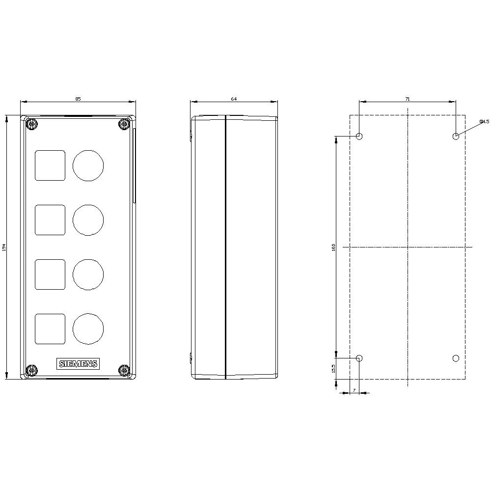 Rysunek techniczny prostokątnej obudowy urządzenia z pięcioma okrągłymi otworami. Przedstawiony w trzech widokach: czołowym, bocznym i z góry. Podane są wymiary i punkty mocowania.