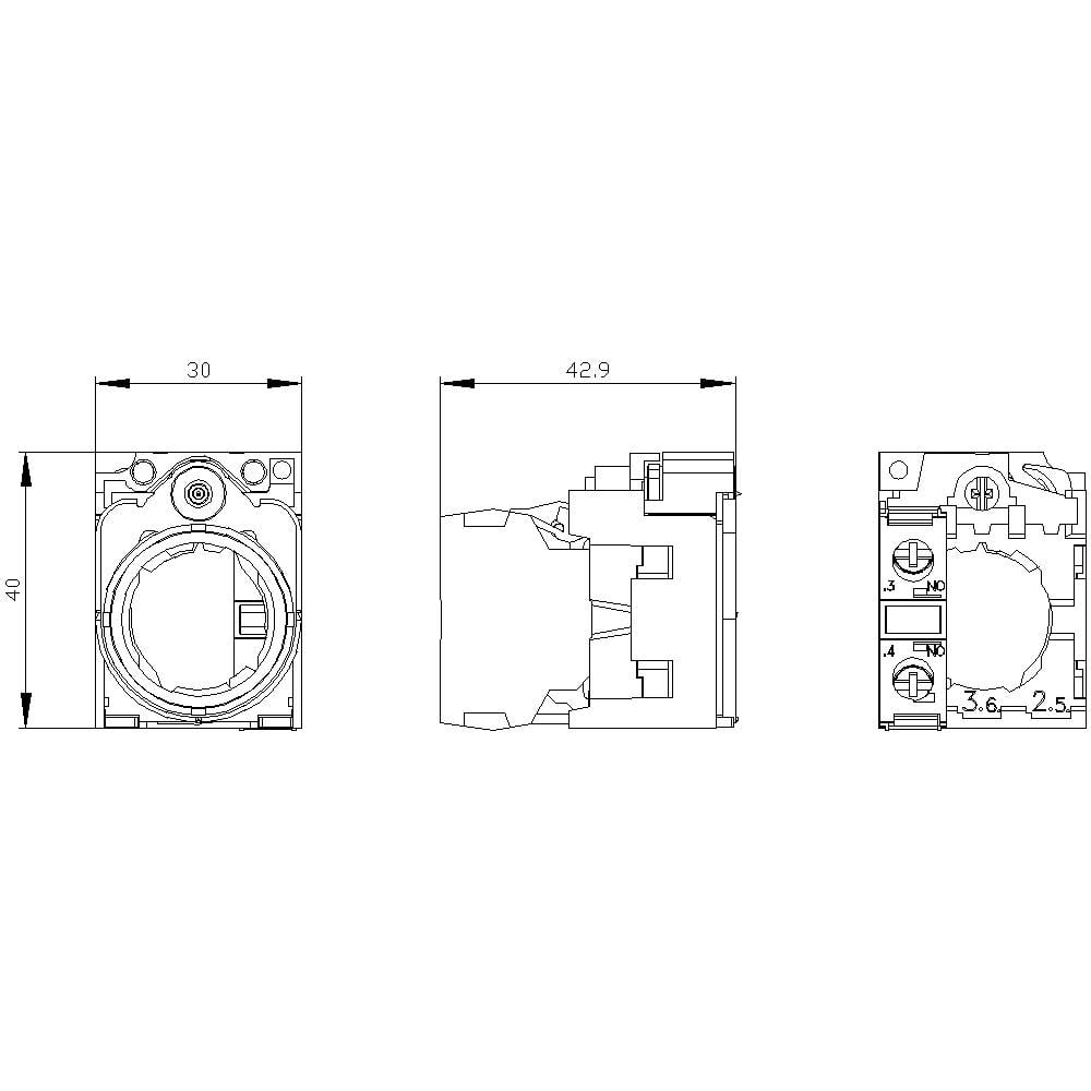 Rysunek techniczny urządzenia elektrycznego z wymiarami: szerokość 30 i 42,9 mm, wysokość 40 mm. Przedstawia widok boczny i czołowy.
