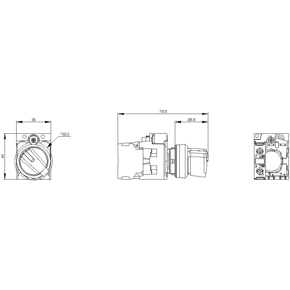 Rysunek techniczny przełącznika elektrycznego z widokiem z przodu i z boku. Podane są wymiary i szczegóły kształtu obudowy.