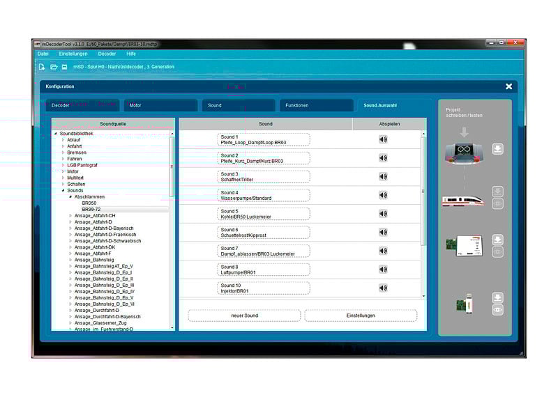 Rysunek przedstawia interfejs oprogramowania do konfiguracji dźwięku. Po lewej stronie znajduje się biblioteka dźwięków, a po prawej model pociągu i interfejs.
