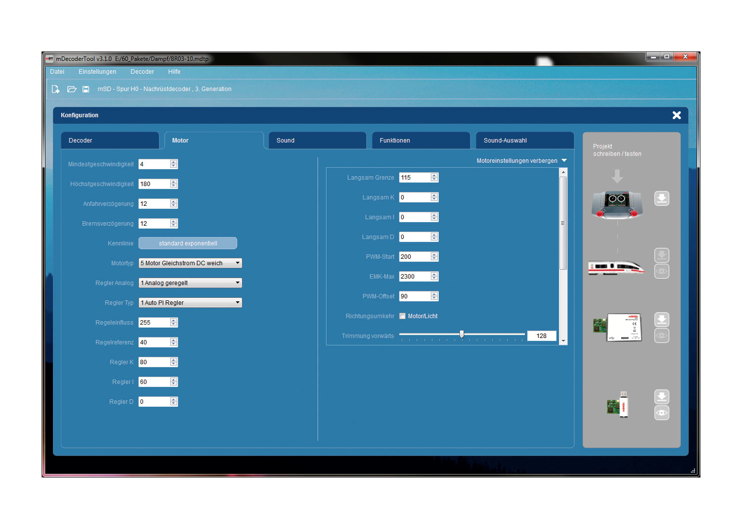 Interfejs użytkownika oprogramowania do konfiguracji modeli kolejowych z różnymi opcjami ustawień dekoderów, dźwięku i funkcji.