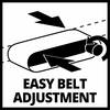 Pas z strzałkami i pokrętłem do łatwej regulacji; napis: 'Łatwa regulacja pasa'.