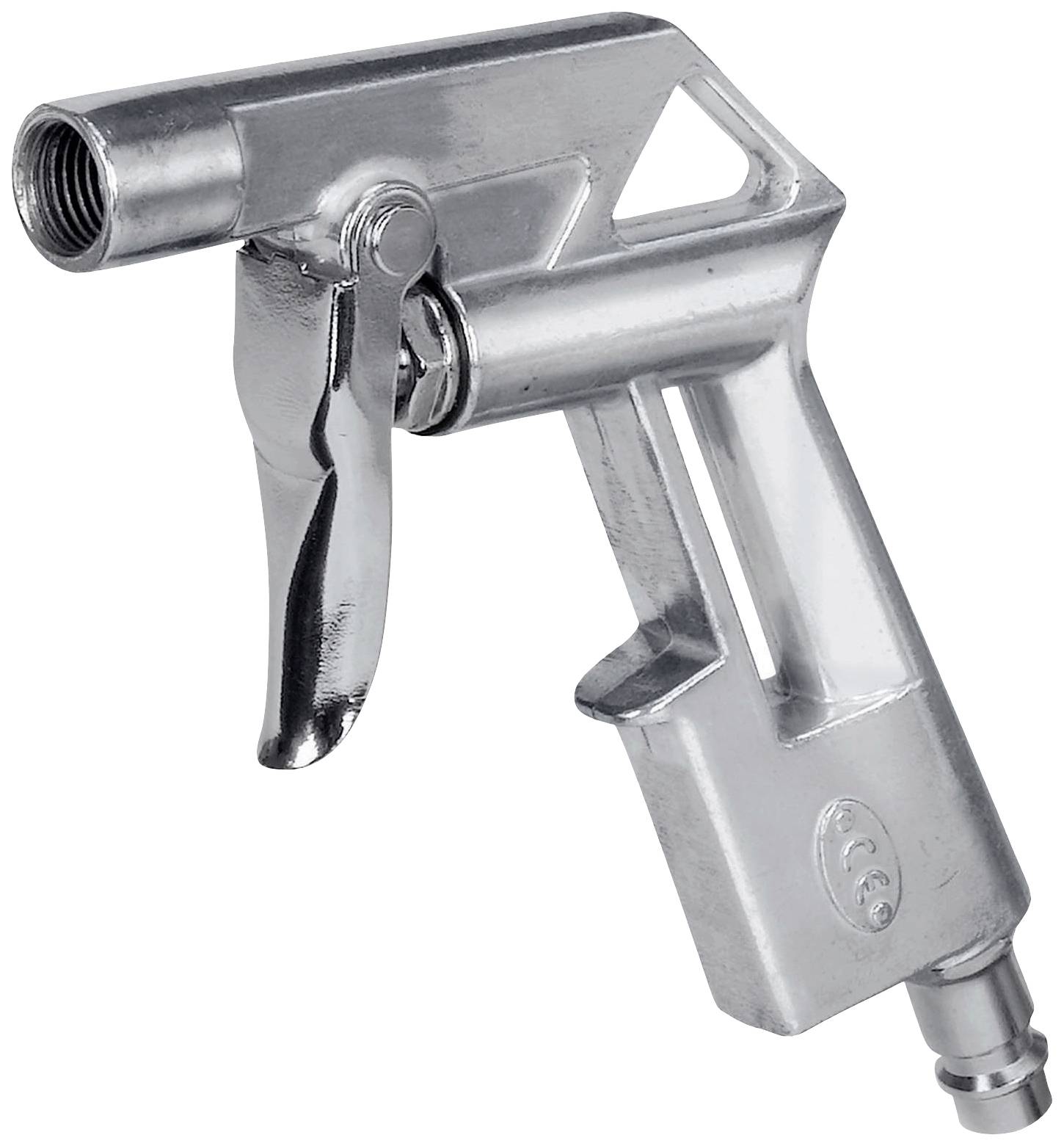 Srebrny pistolet pneumatyczny z spustem i gwintowanym gwintem na końcu, prawdopodobnie przeznaczony do użytku w działalnościach przemysłowych lub rzemieślniczych.