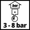 '3 - 8 bar' w stylizowanej grafice z tłokiem w cylindrze. Na górze napis 'bar'. Przedstawia zakres ciśnienia roboczego.