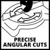 Tarcza piły z strzałkami wskazuje dokładne cięcia kątowe i skośne. Napis 'PRECYZYJNE CIĘCIA KĄTOWE'.