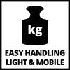 'Czarny symbol wagi z oznaczeniem kg, poniżej tekst: ŁATWA OBSŁUGA, LEKKA I MOBILNA.'
