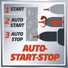 Ilustracja przedstawia instrukcję obsługi funkcji 'Auto Start-Stop' z trzema krokami: 1. Start, 2. Automatyczny Start, 3. Automatyczne Zatrzymanie, obok leżącymi wiertłami.