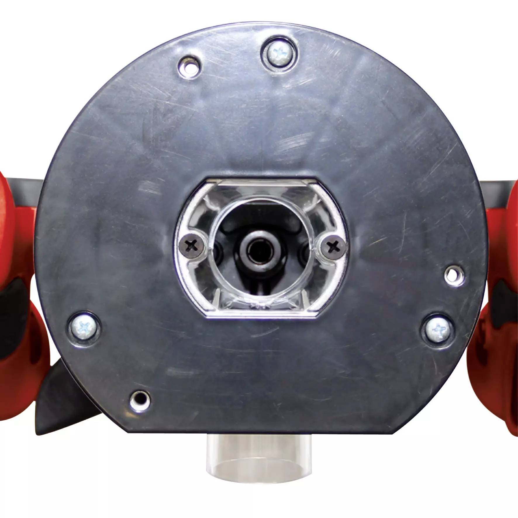 Srebrna metalowa część z centralnym kwadratowym otworem, otoczonym przez cztery śruby. Po bokach widoczne są czerwone uchwyty lub pokrywy.