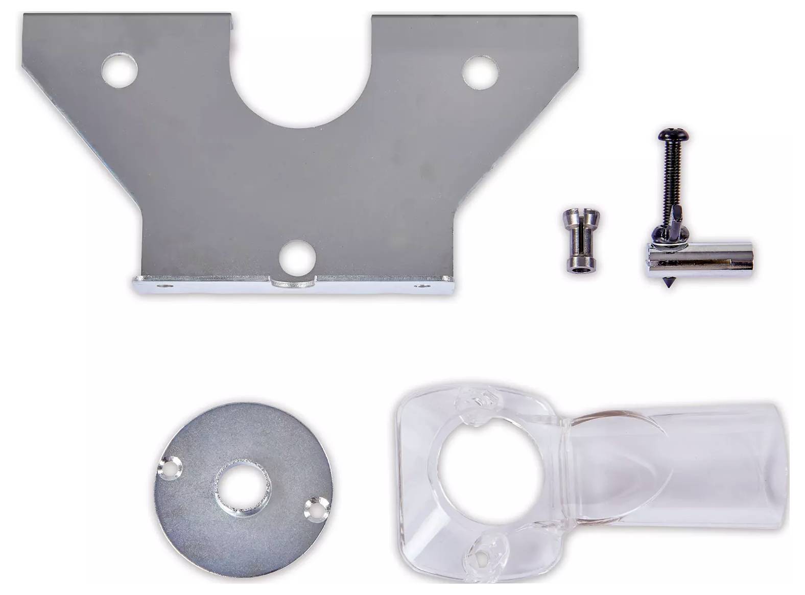 Metalowe i plastikowe elementy zestawu montażowego: uchwyt ze śrubami i elementami mocującymi, ułożone na białej powierzchni.
