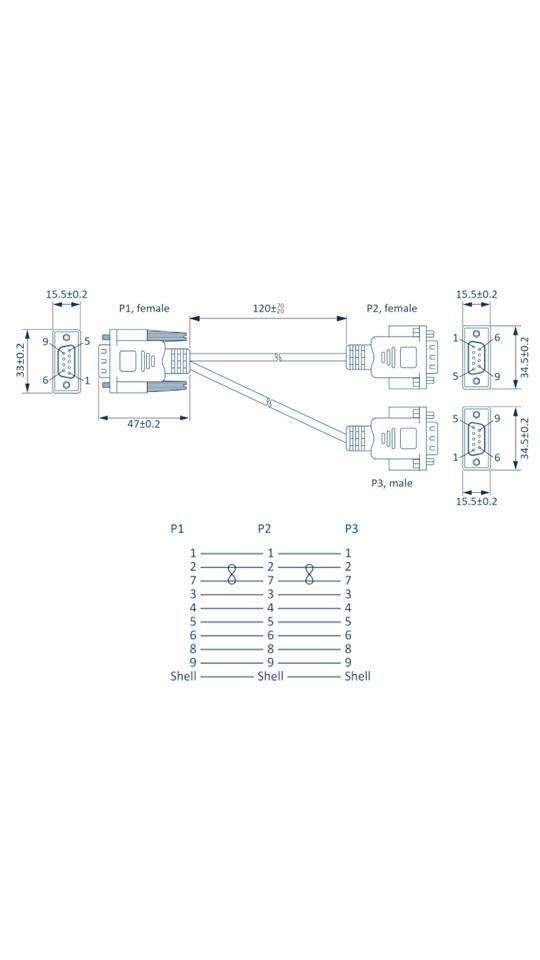 Diagram przewodu przyłączeniowego: przedstawia przebieg kabla oraz połączenia między złączem P1 żeńskim, P2 męskim i P3 męskim.