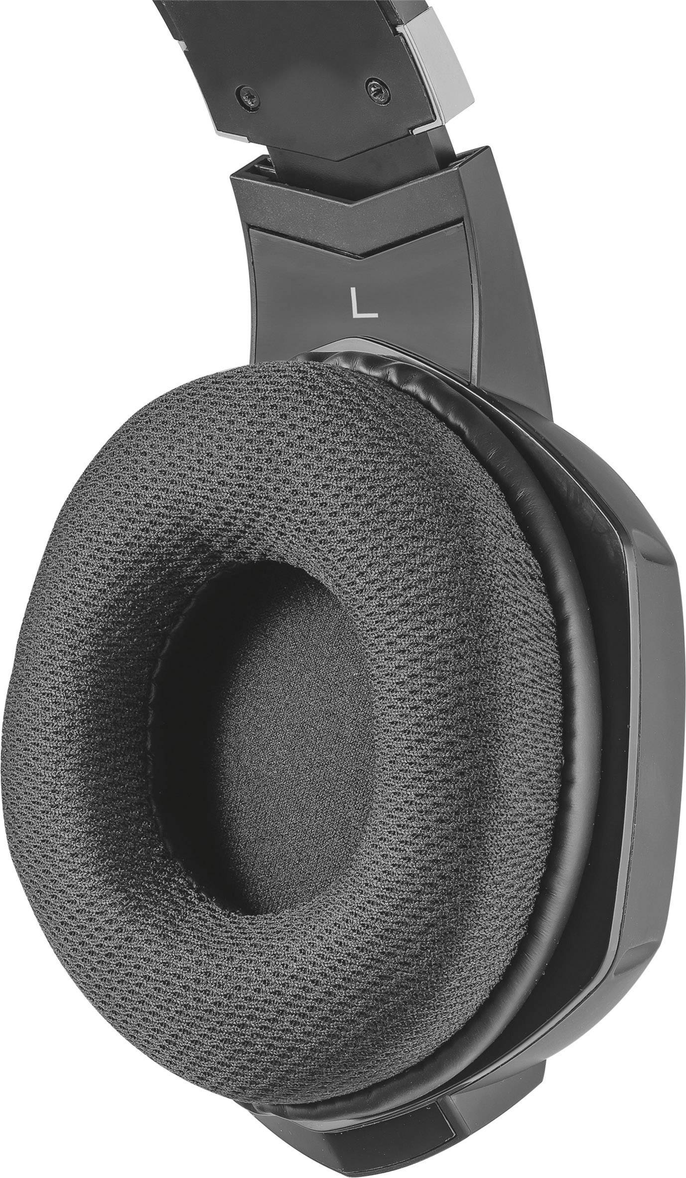 Czarny, wyściełany słuchawki z zaznaczonym napisem "L" po lewej stronie, przedstawiający muszlę uszną i jej teksturę.