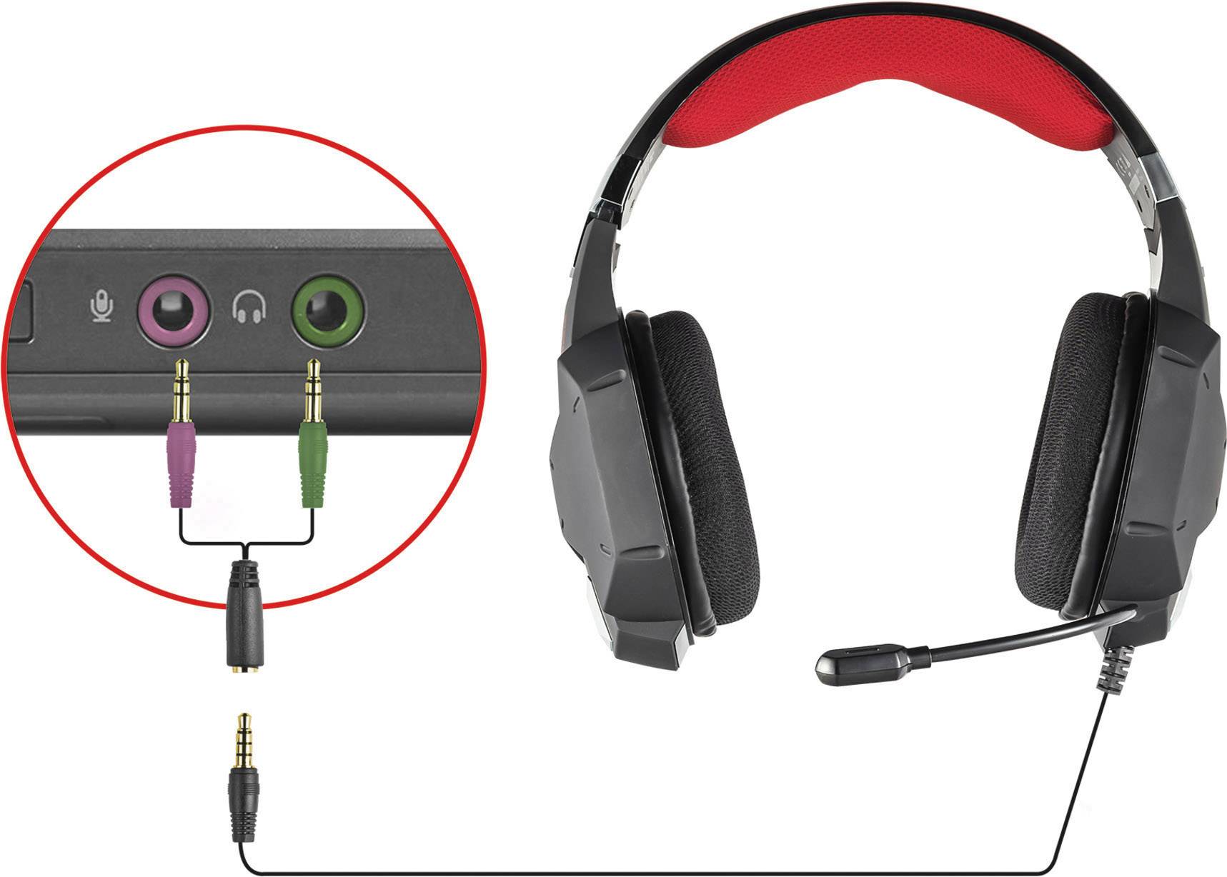 Słuchawki gamingowe z mikrofonem obok wstawki pokazującej podłączenie zestawu słuchawkowego do laptopa za pomocą dwóch wtyczek jack.
