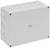 Biała, prostokątna elektryczna puszka przyłączeniowa z wieloma okrągłymi, wstępnie wyciśniętymi otworami po bokach do przeprowadzenia kabli.