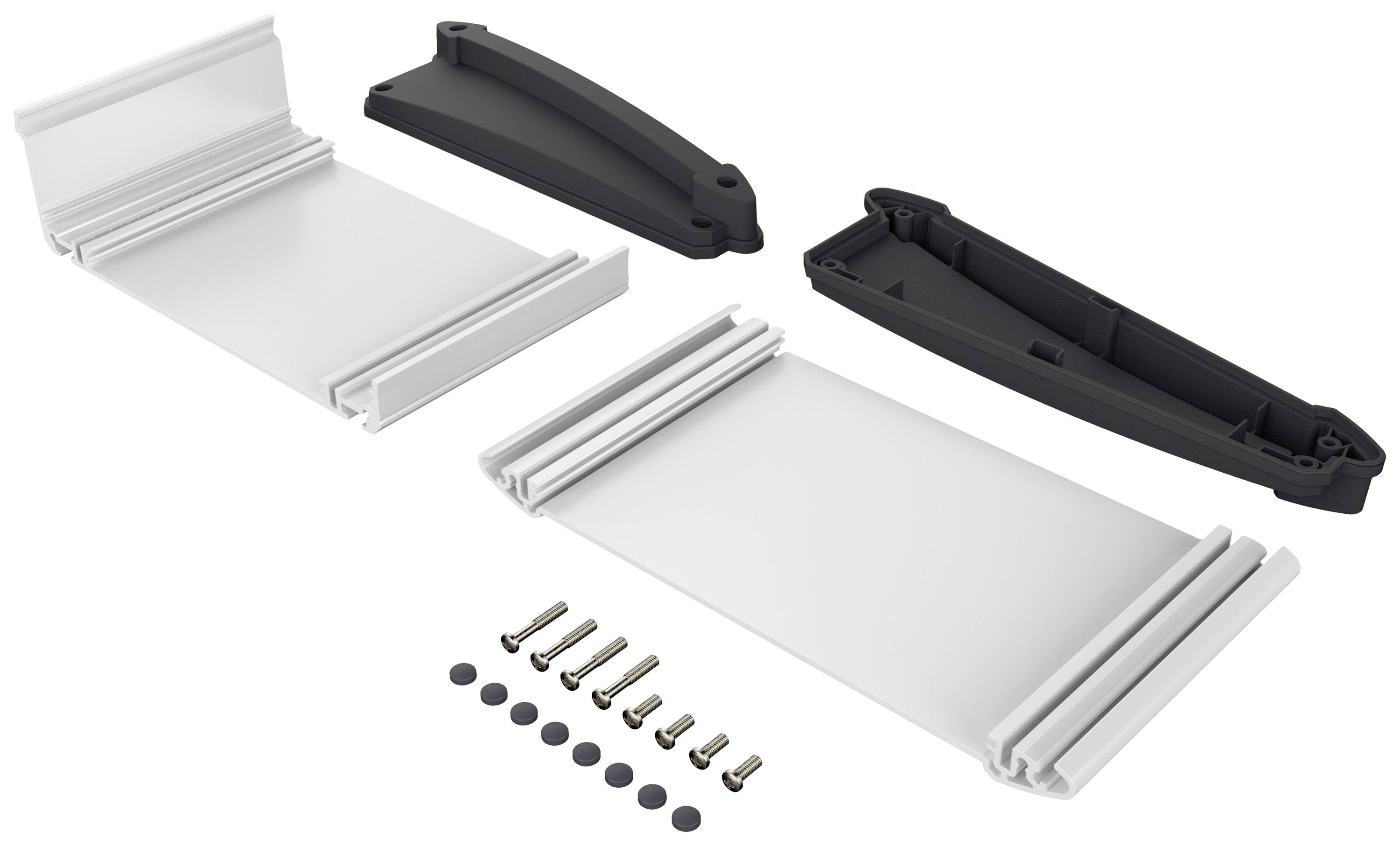 Zestaw montażowy zawierający dwie białe uchwyty, dwie czarne osłony, śruby i kołki. Odpowiedni do montażu półek lub mebli.