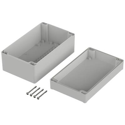 Szare obudowa z tworzywa sztucznego podzielona na dwie połowy, łączone śrubami. Odpowiednia dla podzespołów elektronicznych, przedstawia widok wewnętrznej strony obudowy z zaczepami mocującymi.