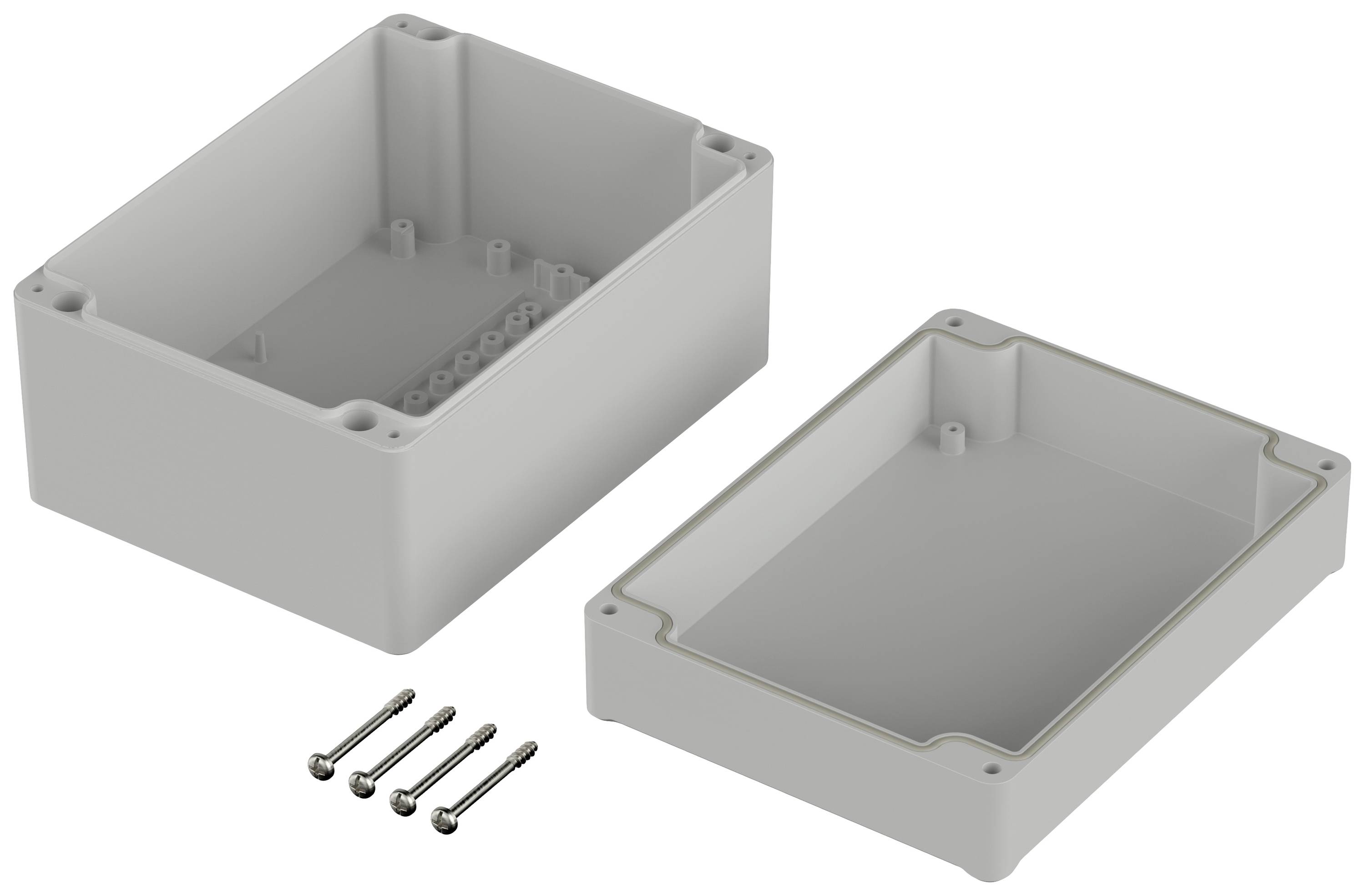Dwa szare, prostokątne obudowy z tworzywa sztucznego, jedna otwarta i jedna zamknięta, z czterema śrubami obok, przygotowane do montażu.