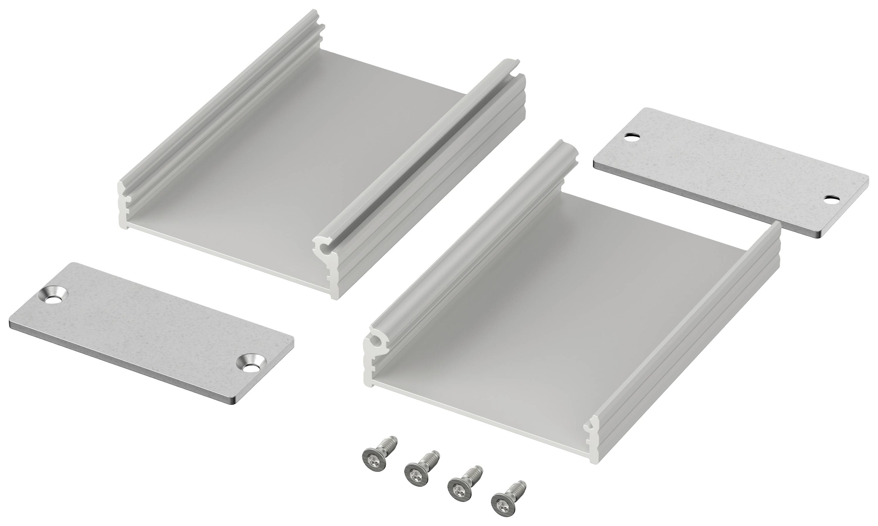 Metalowe elementy obudowy i śruby, które można ze sobą połączyć. Zawiera dwie płyty i cztery śruby mocujące.