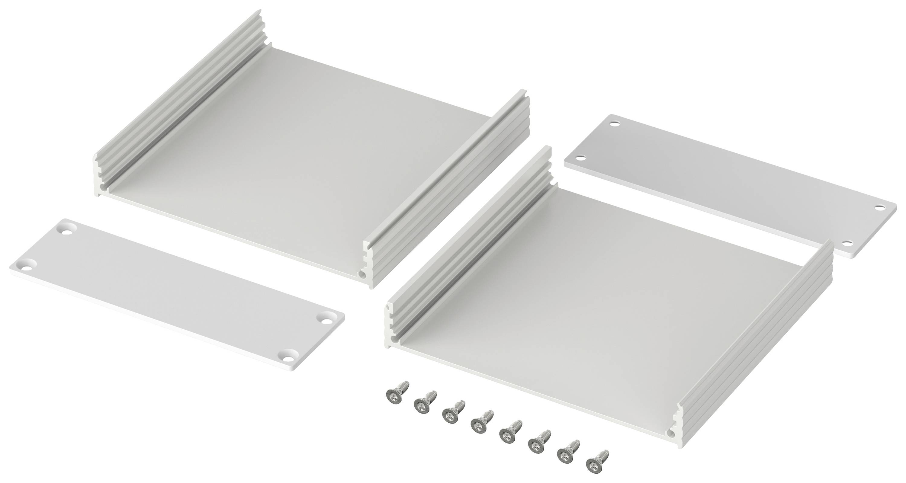 Metalowe elementy obudowy przedstawione z śrubami montażowymi. Główne części składają się z dwóch połówek obudowy i pokryw.