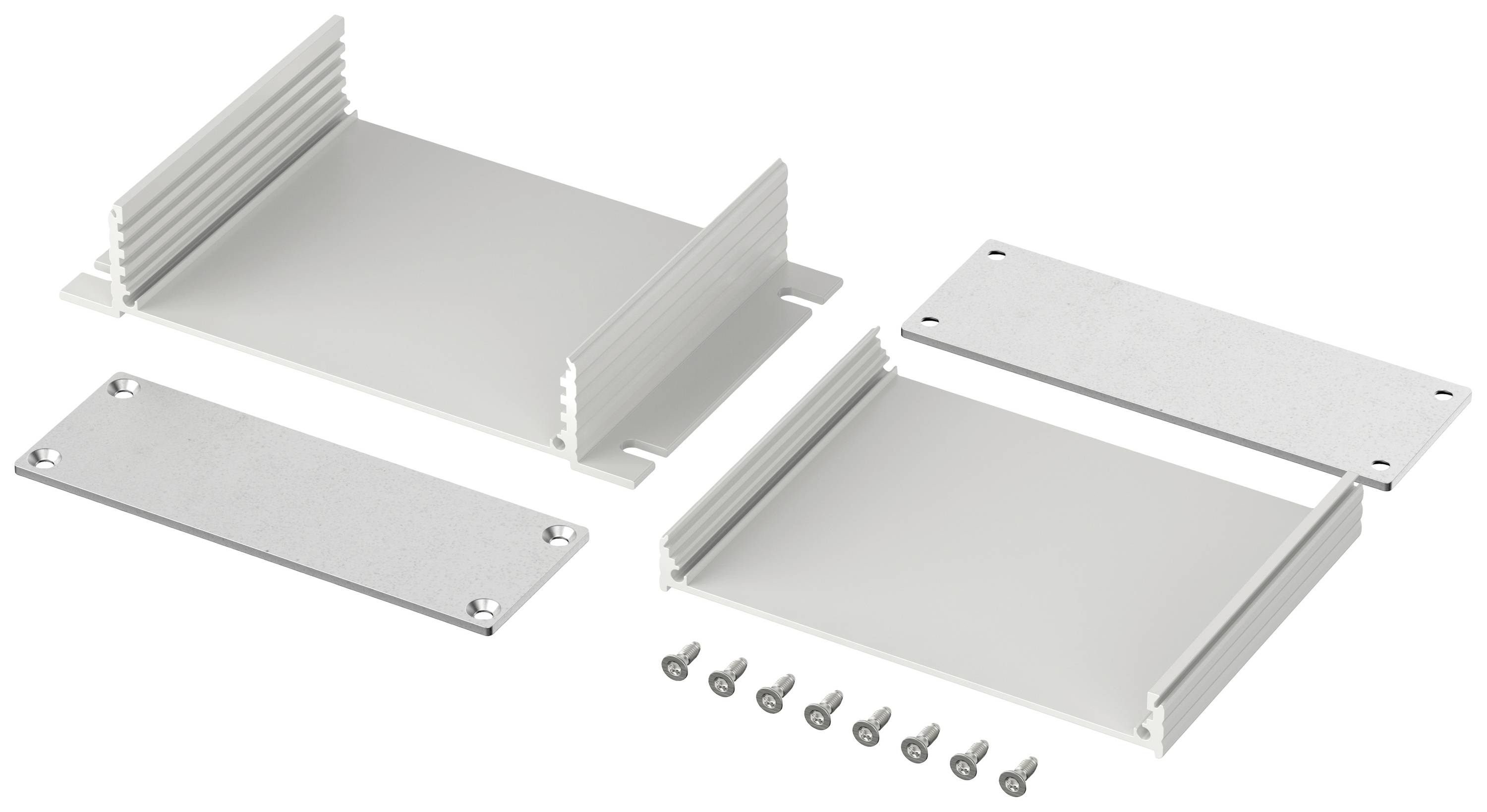 Srebrna obudowa aluminiowa z otwartymi bokami, osobną pokrywą, płytą denną i śrubami do montażu.